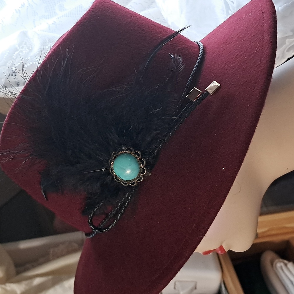 Burgundy Western Cowboy Hat Turquoise Stone Feather Band OOAK Statement Hat